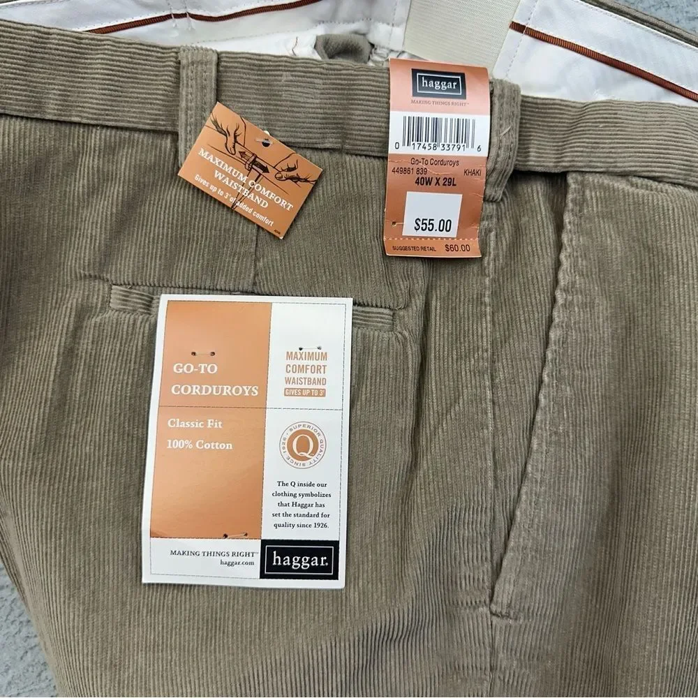 Haggar Corduroy Pants Mens 40x29 Beige Classic Cotton Comfort Business **38x27**